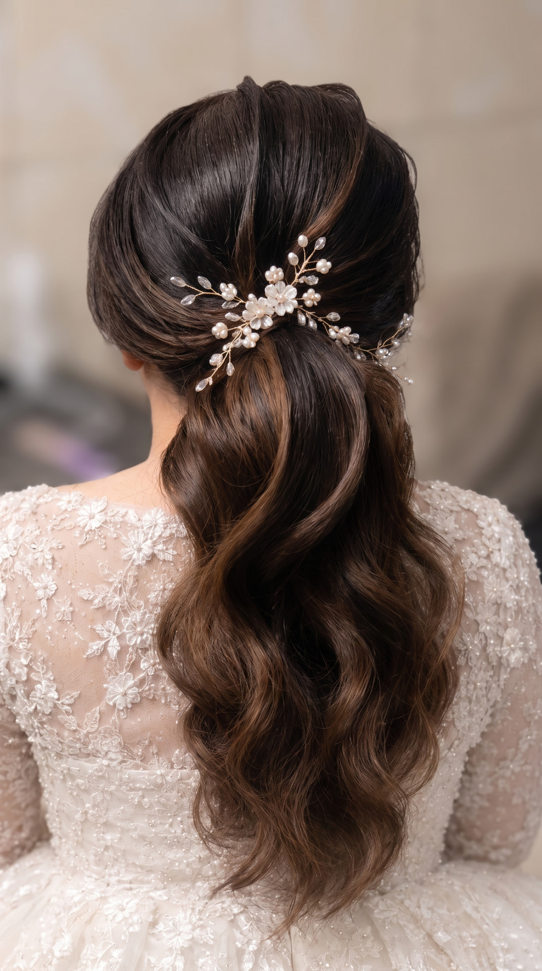 Tatanan rambut pengantin bergelombang dengan aksesori bunga