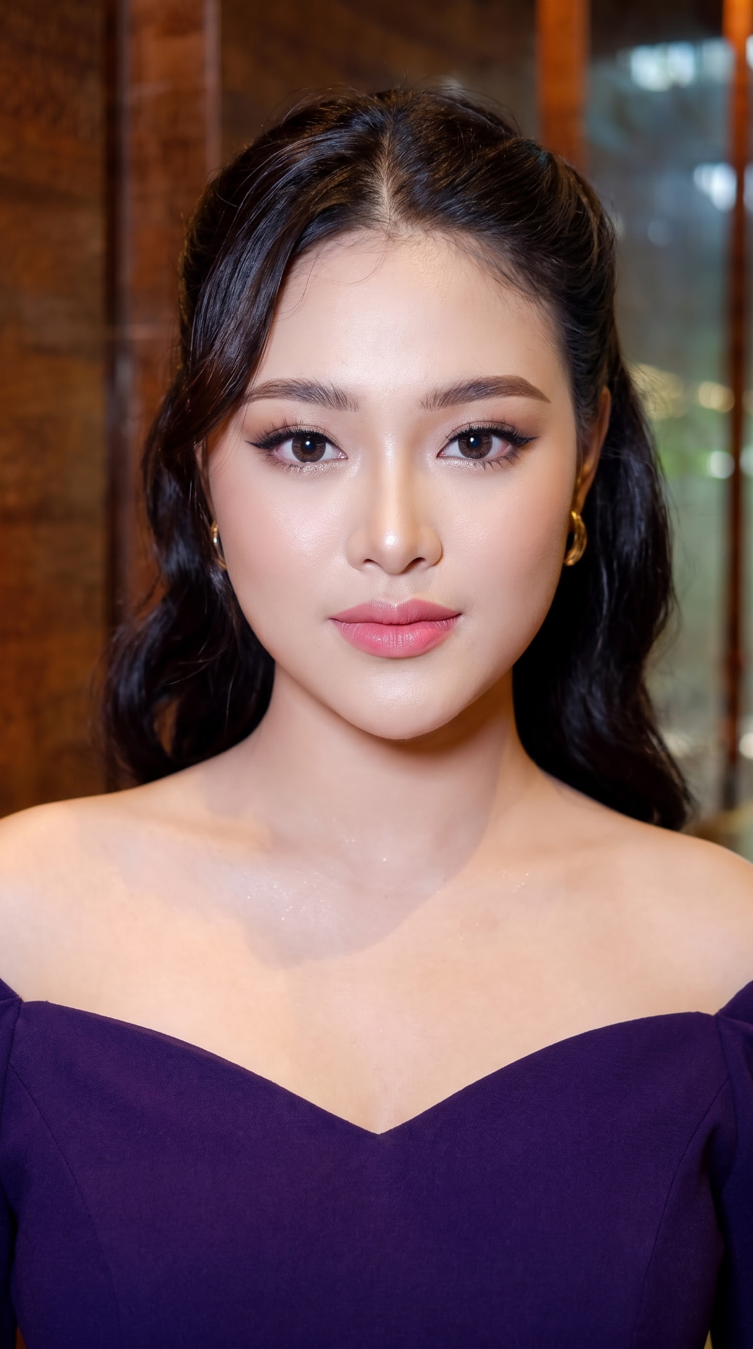 Riasan soft glam dengan detail kulit bercahaya