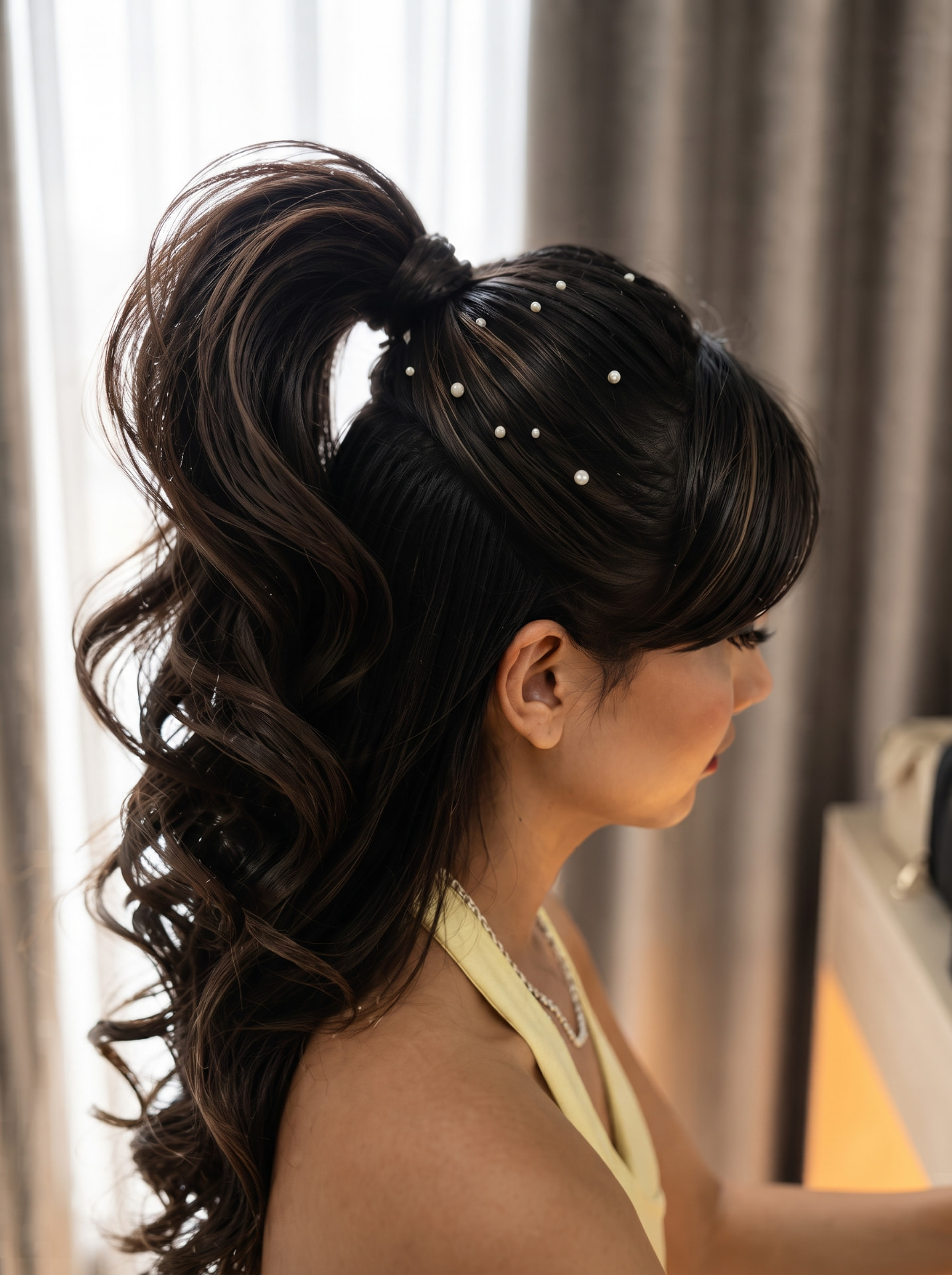 Tatanan ponytail tinggi bergelombang dengan aksesori mutiara dilihat dari samping