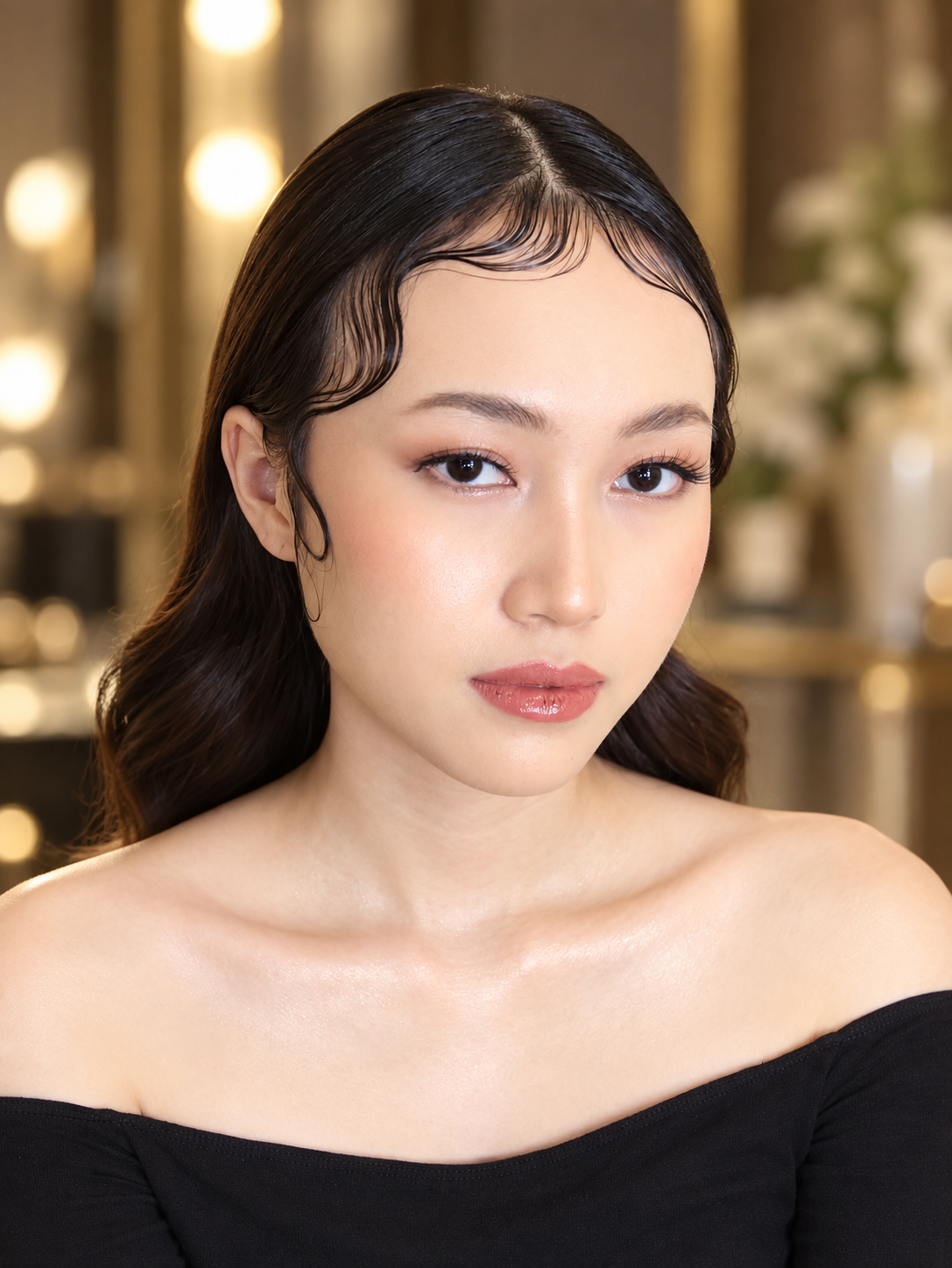 Riasan glam lembut bernuansa hangat dengan bibir glossy dan rambut tergerai